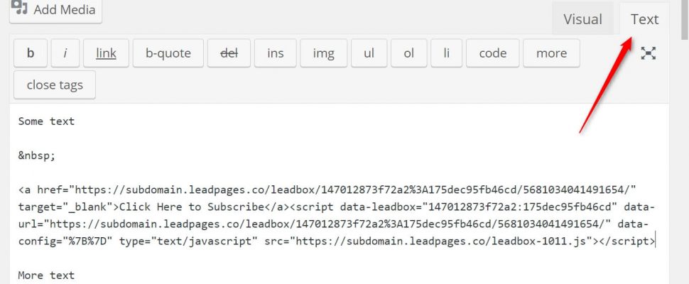 Image of how to inset a LeadBox in WordPress just using the standard code, in the text tab of the WordPress WIZIWIG editor