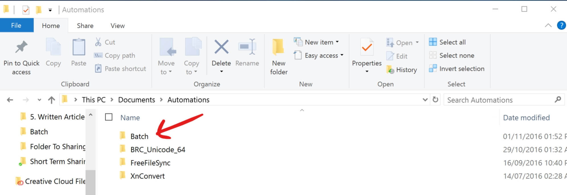 Image of an example of an Automation Folder inside of My Documents Folder